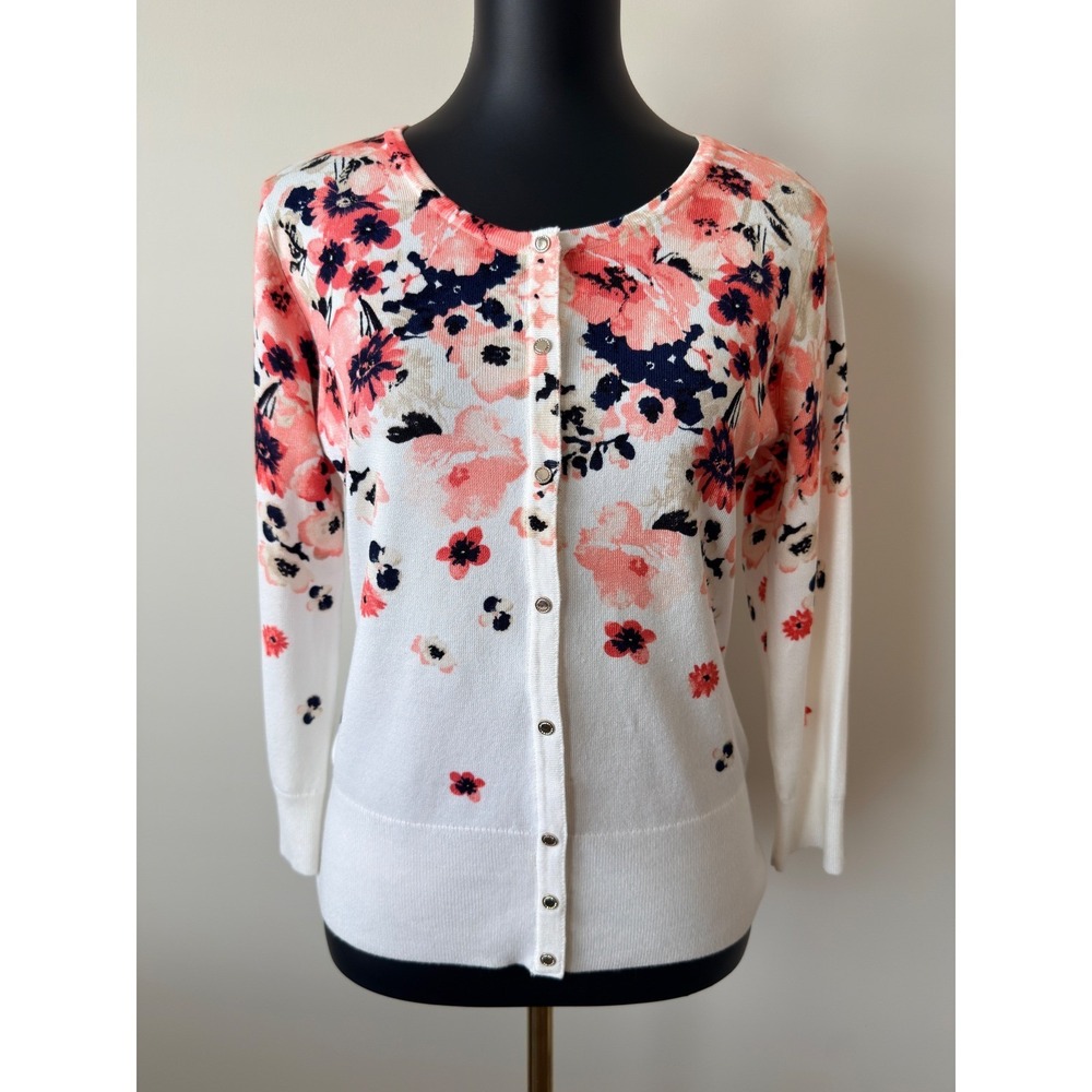 White House Black Market Floral Cardigan White Coral Navy Button Front Medium